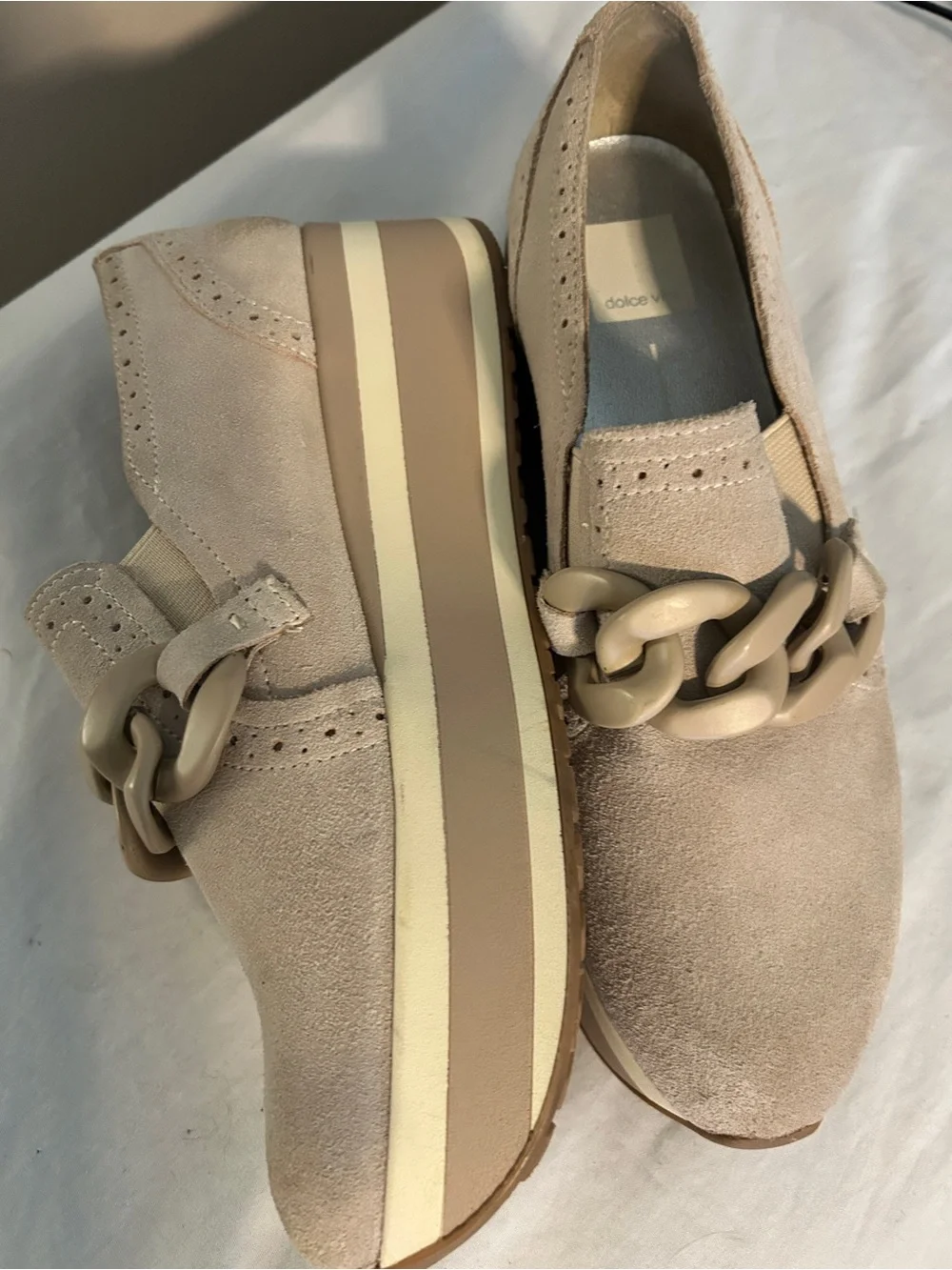 Dolce Vita Taupe Suede Platform Chain Slip-On Sneakers